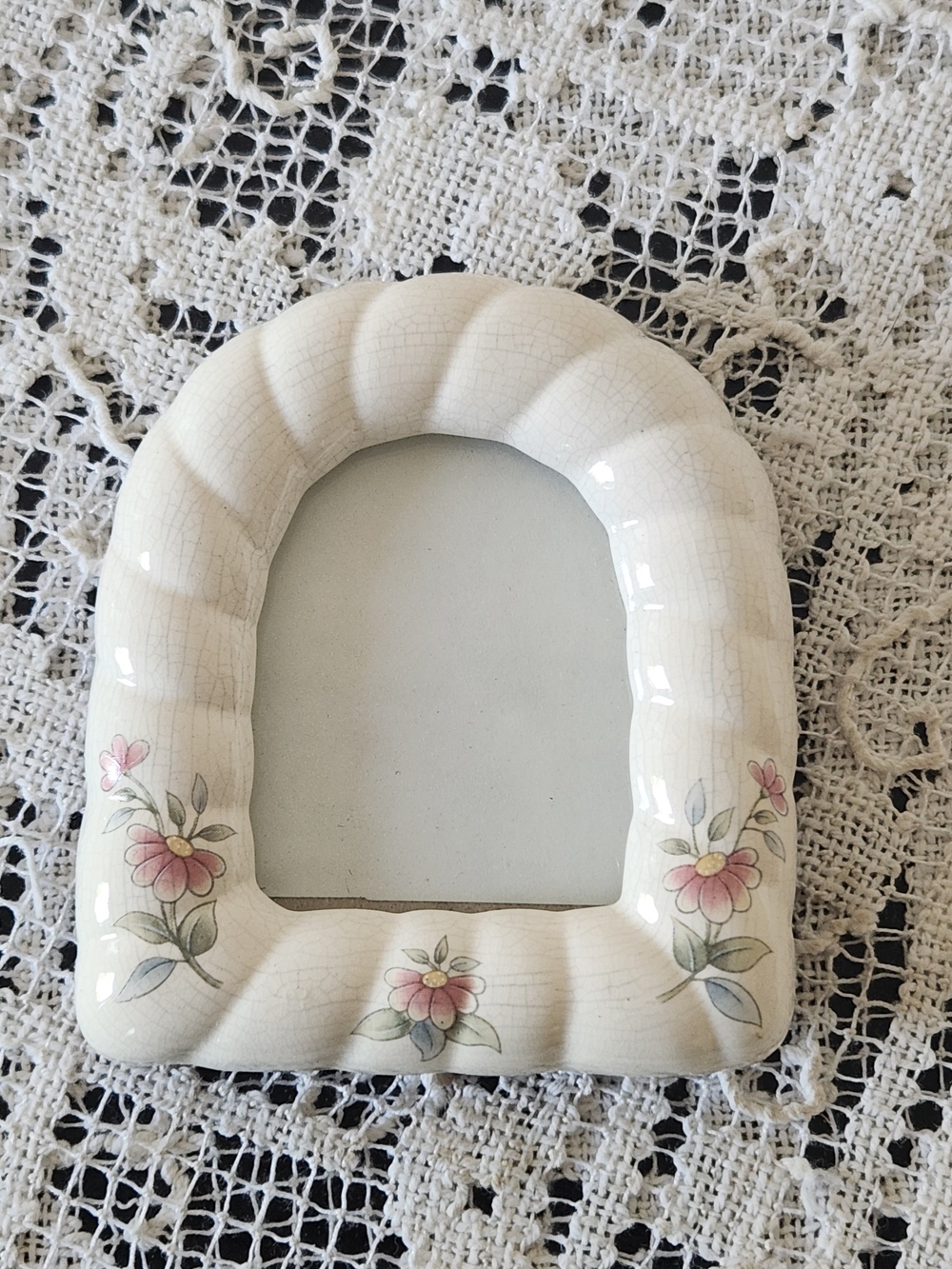 Vintage Cottagecore Cream Ceramic Picture Frame with Pink Floral Accents